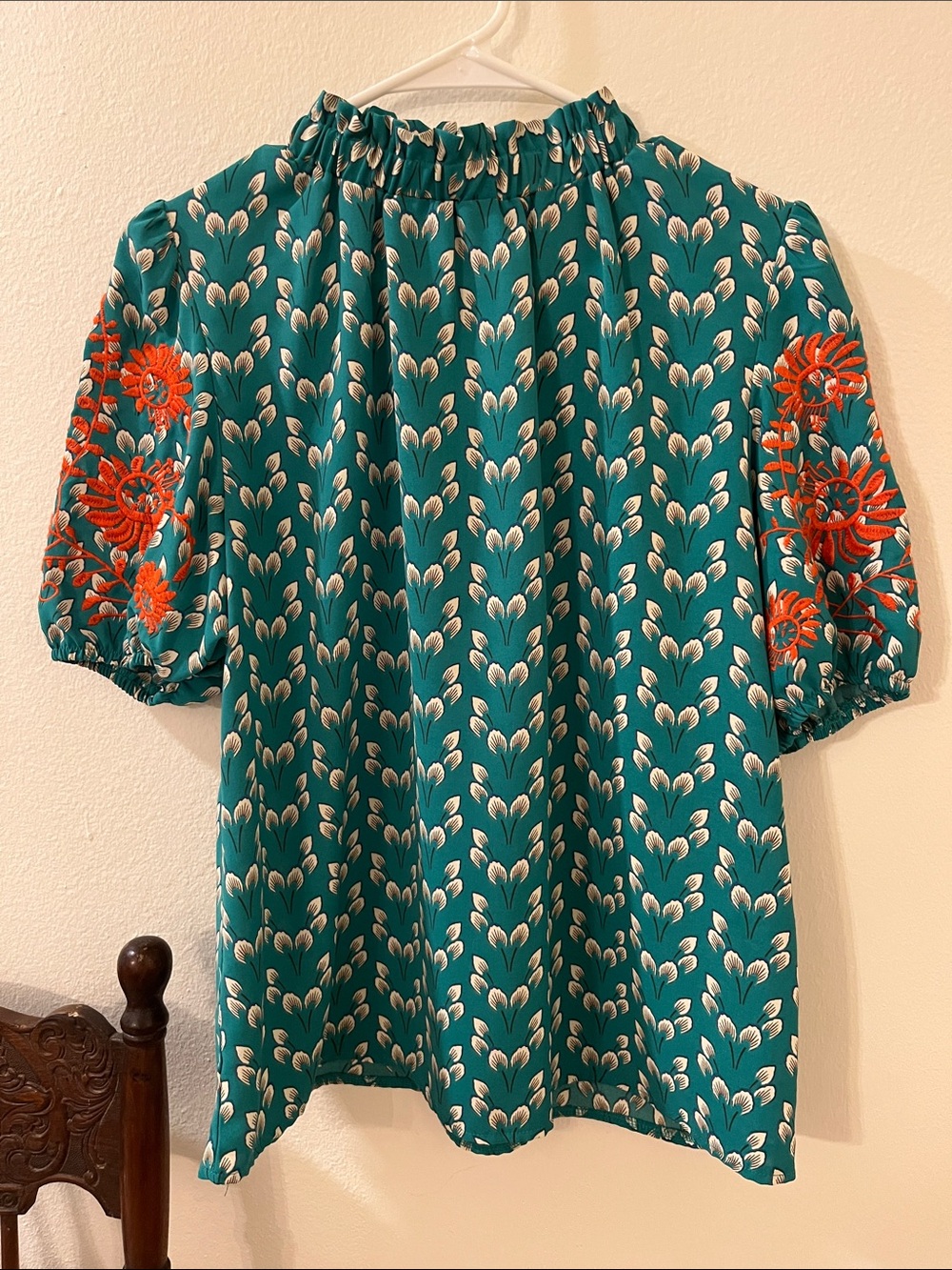High Neck Blouse with Orange Sleeve Detail size L